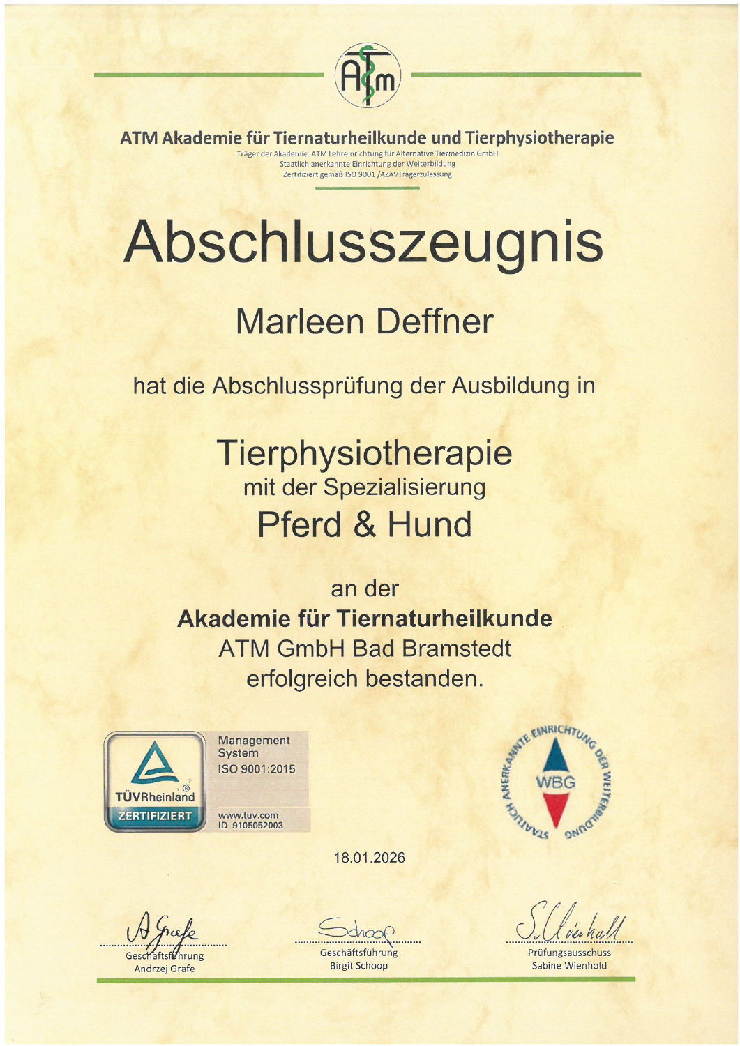 ATM-Abschlusszeugnis von Marleen Deffner für Tierphysiotherapie mit Spezialisierung Pferd und Hund